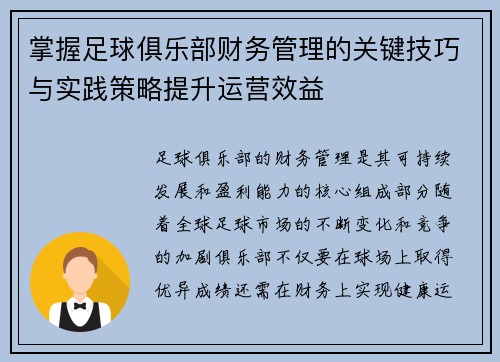 掌握足球俱乐部财务管理的关键技巧与实践策略提升运营效益 掌握足球俱乐部财务管理的关键技巧与实践策略提升运营效益