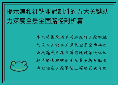揭示浦和红钻亚冠制胜的五大关键动力深度全景全面路径剖析篇 揭示浦和红钻亚冠制胜的五大关键动力深度全景全面路径剖析篇