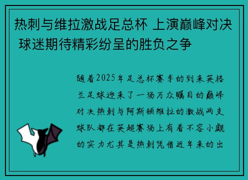 热刺与维拉激战足总杯 上演巅峰对决 球迷期待精彩纷呈的胜负之争