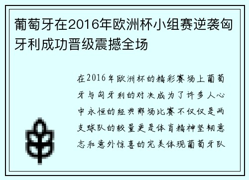 葡萄牙在2016年欧洲杯小组赛逆袭匈牙利成功晋级震撼全场 葡萄牙在2016年欧洲杯小组赛逆袭匈牙利成功晋级震撼全场
